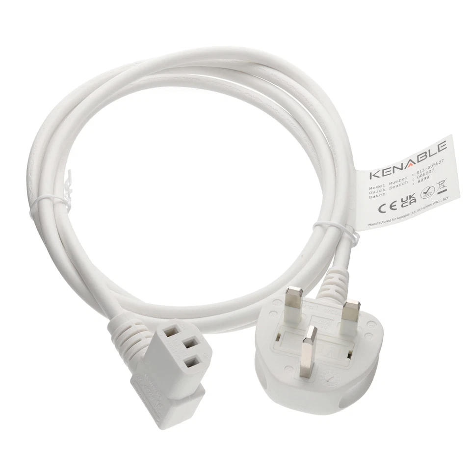 Power Cord UK Plug to Right Angle IEC C13 Cable (kettle lead) 2m White - Image 2 of 4