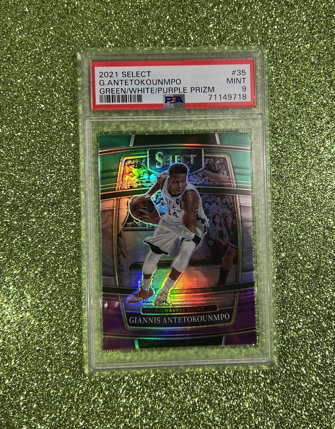 2021-22 Panini Select Premier Level Green White Purple Prizm #140 Giannis PSA 9