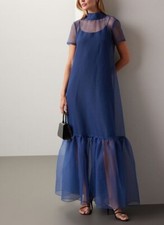 Womens Sheer Organza Maxi Dress Ruffle Hem Back Bow Tie Evening Wedding Dress