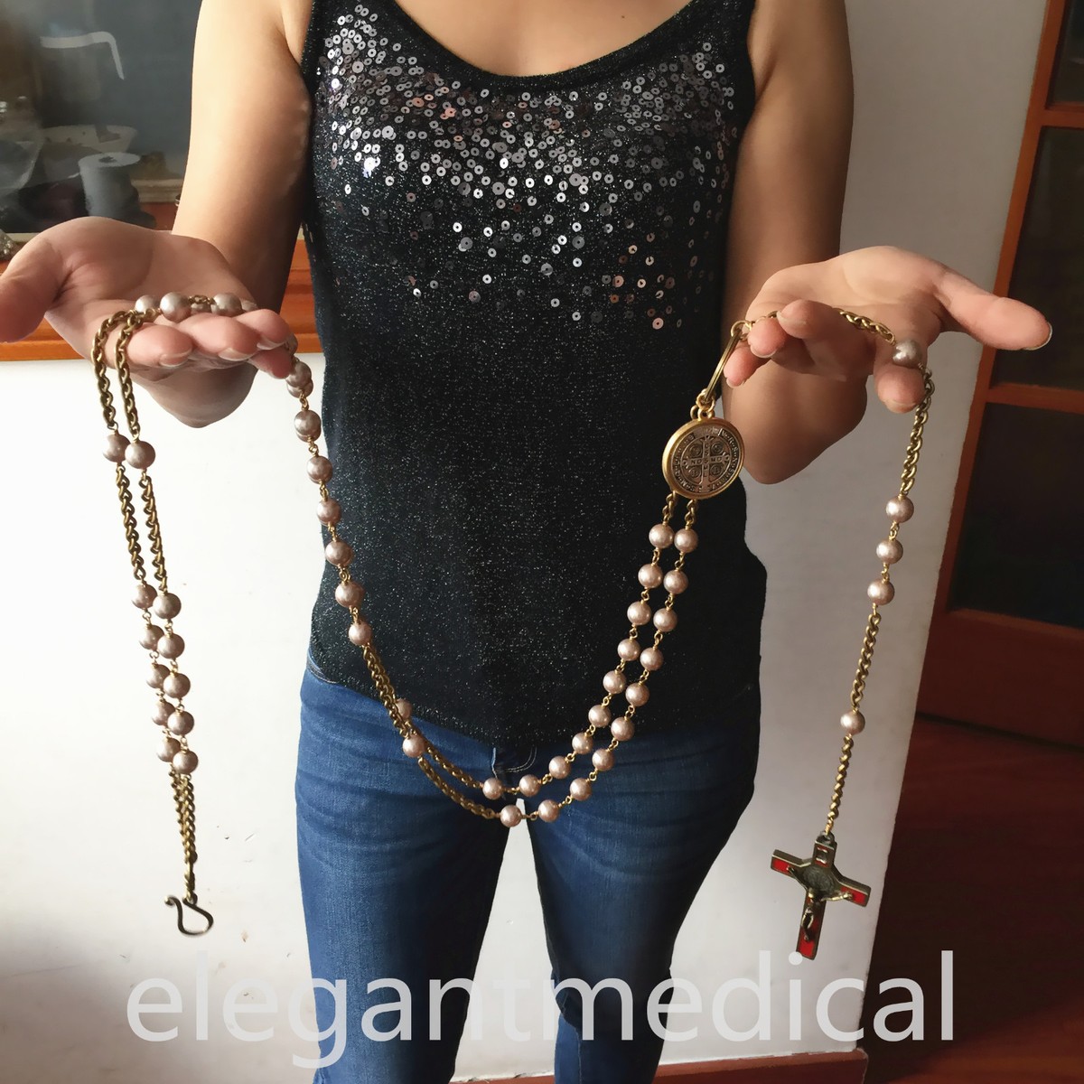 Gold MOTHER OF PEARL Saint St. Benedict Waist Rosary 50