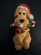 Vintage Christmas Brooch Yellow Dog In Red Santa Hat W/Jingle Bell & Candy Cane