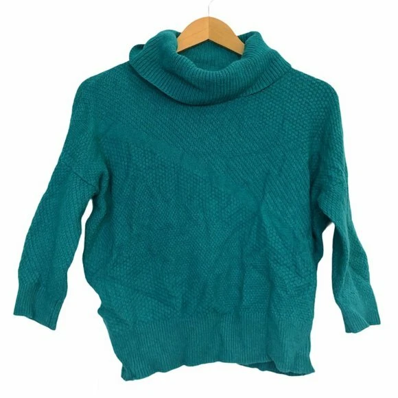 ANN TAYLOR LOFT 3 4 Sleeve Textured Cowl Neck Sweater Teal Green