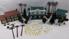 Vintage Lot of O Scale Plasticville Houses Buildings Trees Shrubs Telephone Pole