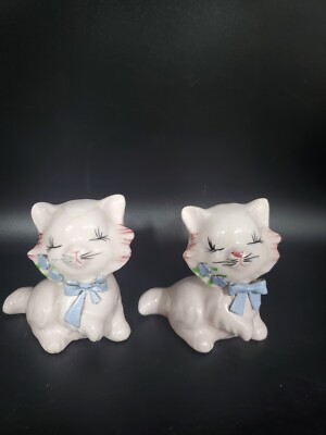Lot Of 2 Vintage White Long Hair Cat Ceramic Figurines 3.25'' *J