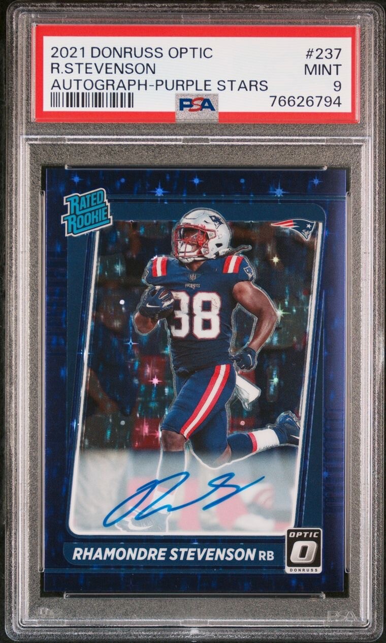 Rhamondre Stevenson Donruss Optic Purple Stars 49/50 Auto RC PSA 9 💎 Pop 3 🔥