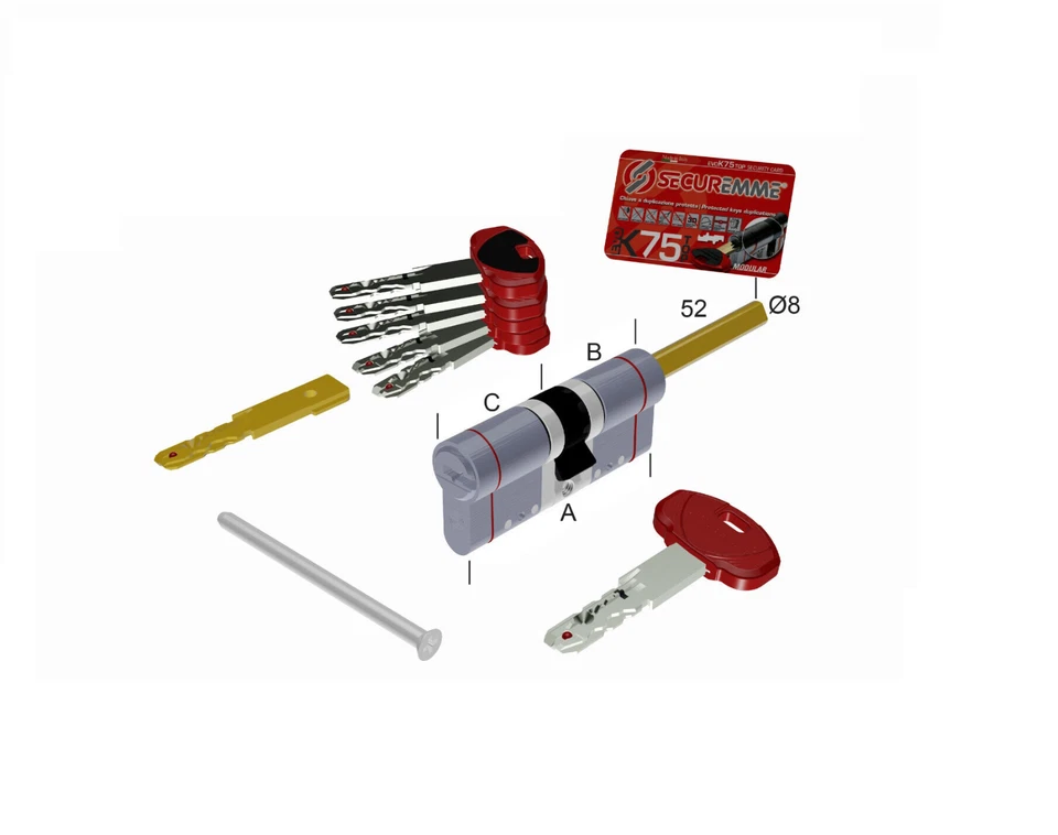 CILINDRO SECUREMME K75 CON CODOLO EVO MODULARE FRIZIONATO 5 CHIAVI + 1 CANTIERE