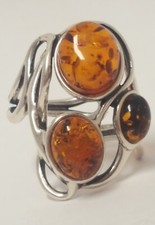 Amber 3 Stones Freeform Sterling Silver 925 Ring Adjustable Size 8 Cognac Chunky