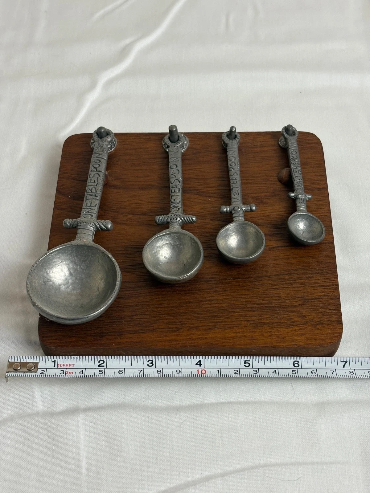 Vintage Crosby & Taylor Pewter Measuring Spoon Set w/Wooden Hanging Rack