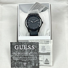 Guess Men’s Analog Black Genuine Leather Watch GW0846G3 44MM NIB RP $140