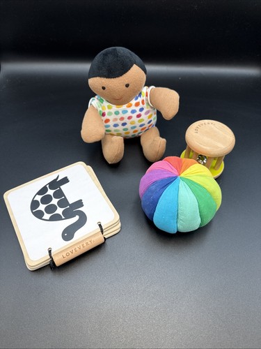 Lovevery Lot Babydoll Plush Black Hair Tan Skin, Rainbow Ball, Rattle, Book