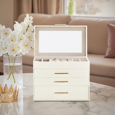 Deluxe 2-Drawer Jewelry Box with Clear Top View White & Pink Velvet Storage Case