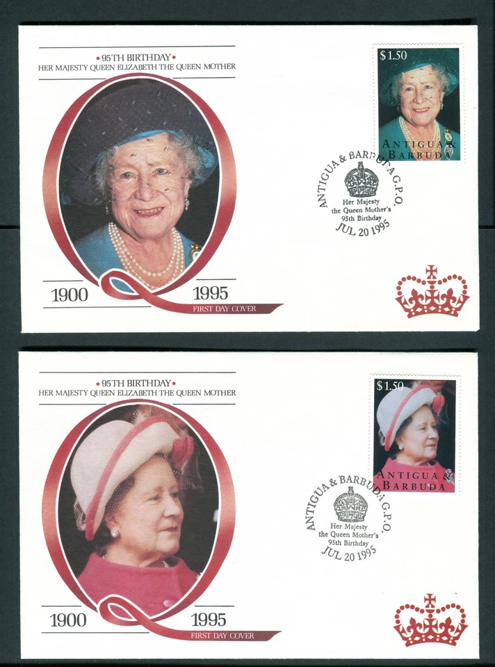 Antigua y Barbuda Reina Madre 95 Cumpleaños Juego de 4 Fundas FDC Primer Día Foto 2 de 3