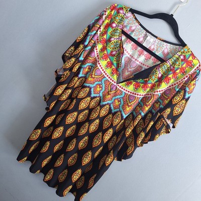 Trina Turk Psychedelic Popover Blouse Womens L Multi Bold Retro Paisley Fairy