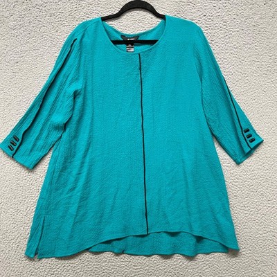 Ali Miles Top Womens L Blue Crepe Buttons Eclectic Artsy Art To Wear Colorful