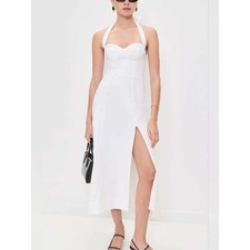 Reformation Tala Linen Midi Dress 10 White Halter Side Slit Summer Wedding Beach