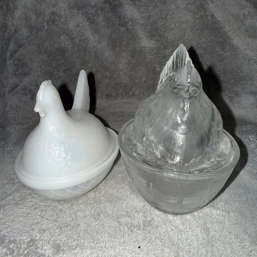 Vintage Clear And White Milk Glass Hen on Nest Chicken Dish w/ Lid  Set Of 2