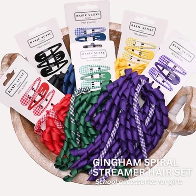 BASIC SENSE School Hair Ties, Spiral Streamer Elastics and Hair Snap Clips for Girls