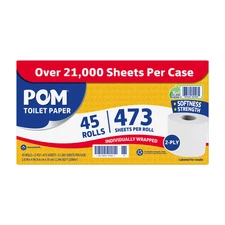 POM 2-Ply Toilet Paper 45 Rolls, 473 Sheets/Roll Bulk Bathroom Tissue