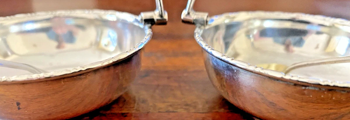 Vintage Pair of Sheffied Silver Plated Open Salts & Spoons - Basket Handles