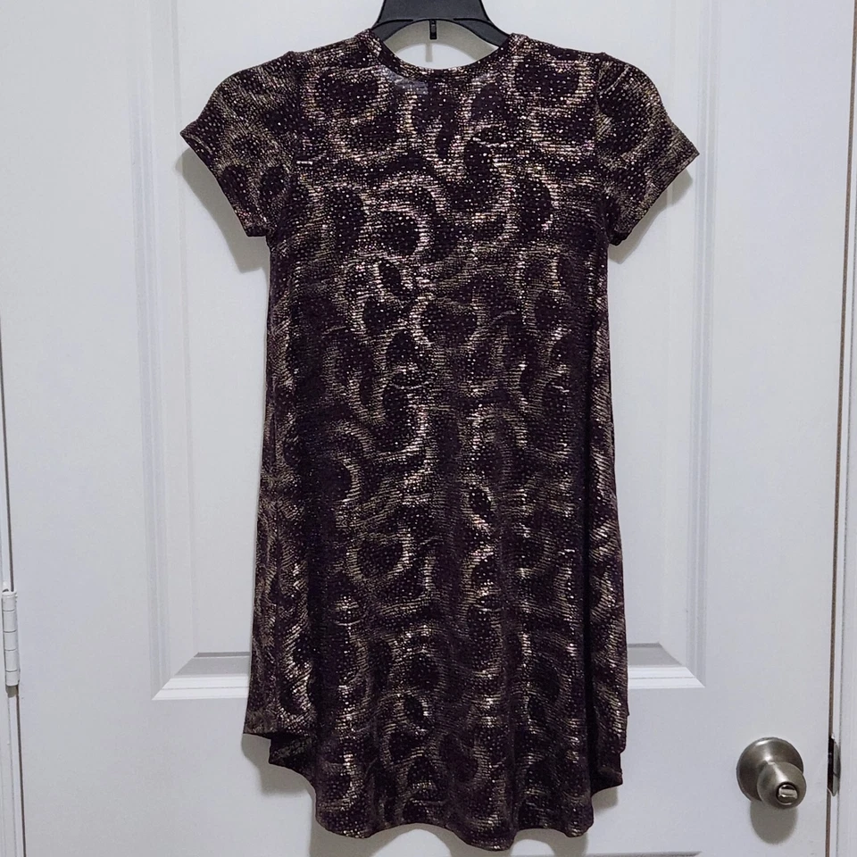 Vestido Lularoe Niñas 8 Alto-Bajo Semi Transparente Púrpura con Remolinos Metálicos Manga Corta Foto 2 de 4