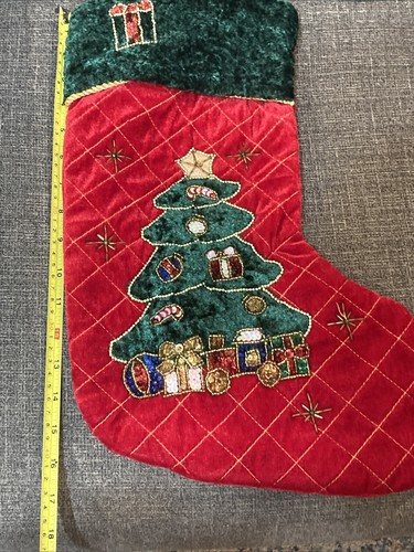 Medias de terciopelo con lentejuelas árbol de Navidad con regalos estrella de cordón dorado con cuentas - Imagen 8 de 8