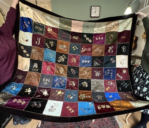 Antique Victorian 1884 Embroidered Quilt Museum Quality Silk Textile Art Flowers