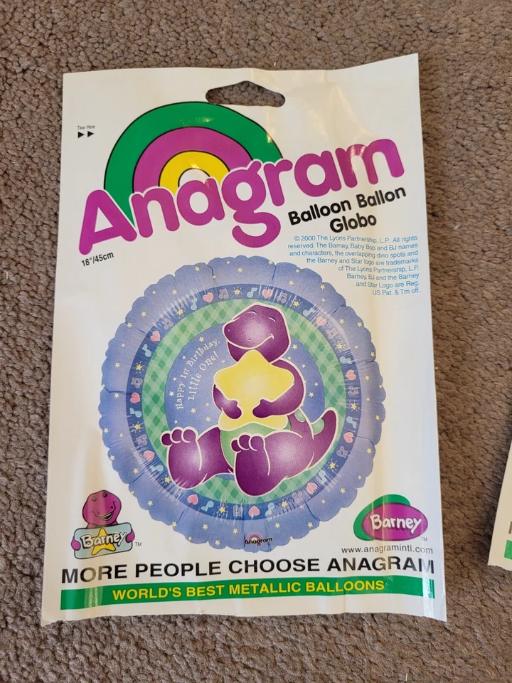 Lote de 3 Balões Anagrama BARNEY Foil Mylar Feliz 1º Aniversário 18" Dinossauro NOVO - Imagem 3 de 4