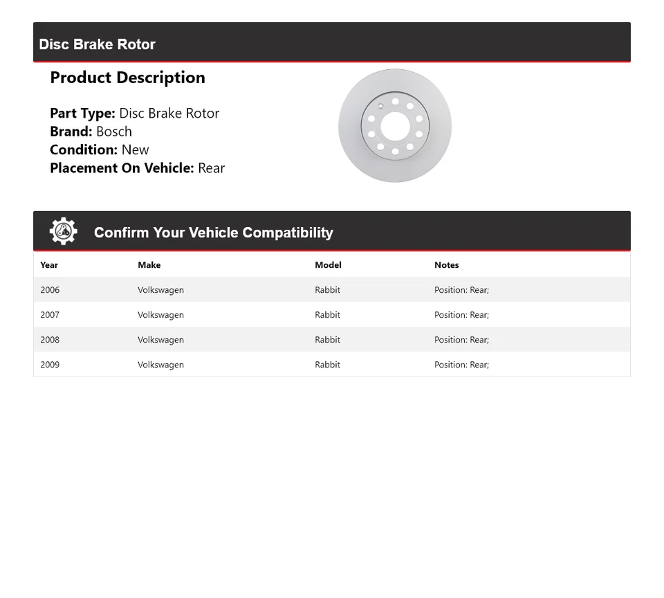Rotor de freno de disco trasero QuietCast Bosch 2006-2009 Volkswagen Rabbit 2007 2008 Foto 2 de 4