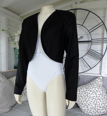 Vintage Laura Ashley schwarz Leinen Baumwollmischung Cropped Bolero Blazer Jacke 14