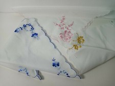 Lot of 3 Embroidered Handkerchiefs Floral Flowers Pink Blue Gold Yellow 10"