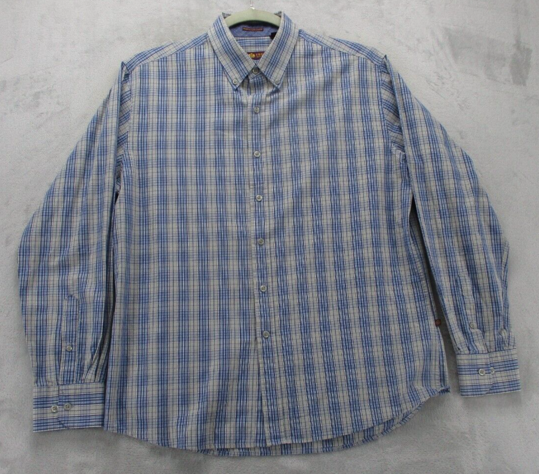 Izod Button Up Shirt Men's Large Slim Fit Gray Blue Geometric Plaid 100%  Cotton