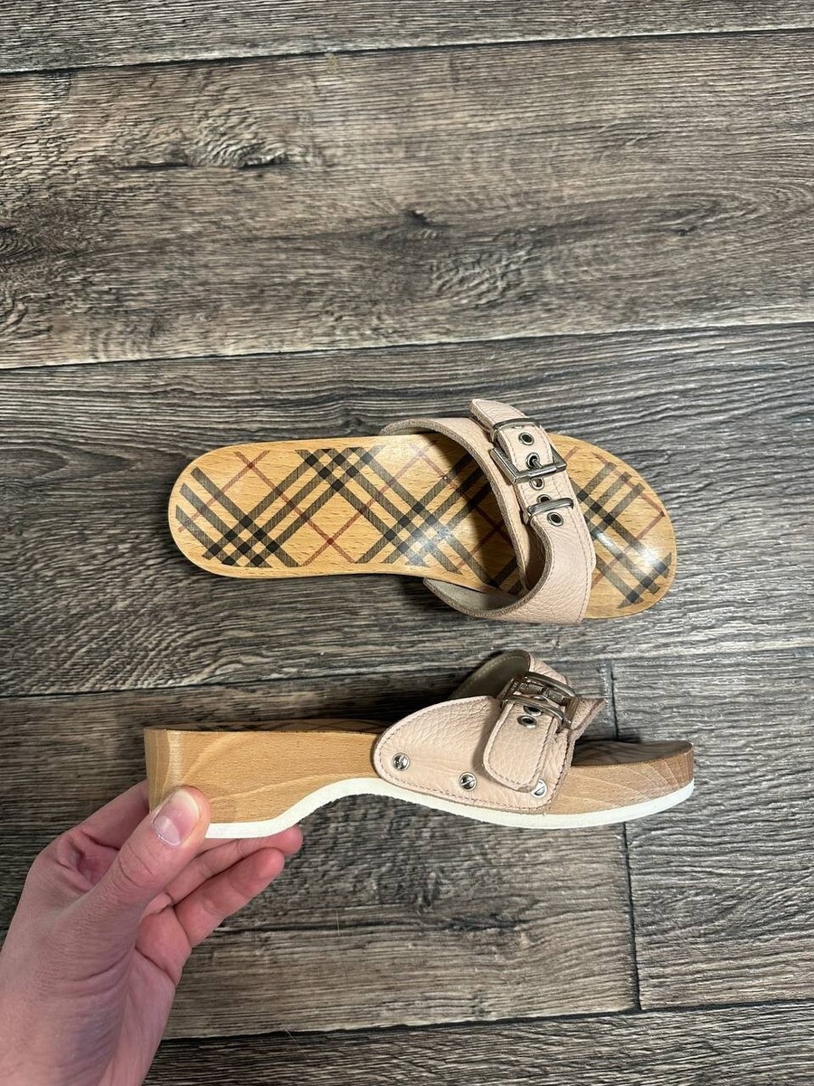 BURBERRY Dr Scholls Sandals Plaid Print Wood Platform Pink Leather