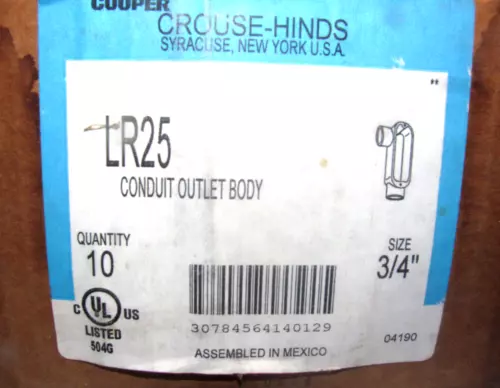 CROUSE HINDS LR25 90° ELL CONDULET/CONDUIT BODY 3/4" BOX OF 10