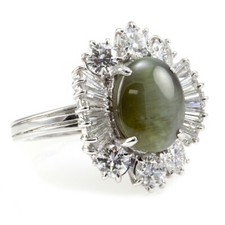 Cat's Eye Chrysoberyl Cabochon & Diamond Ballerina Ring in 18K White Gold