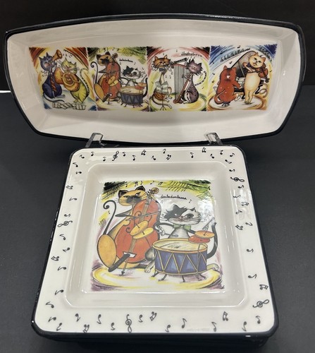 Musical Cat Lunch Plates & Sandwich Tray Dessert Pastry Set of 4 Ceramic