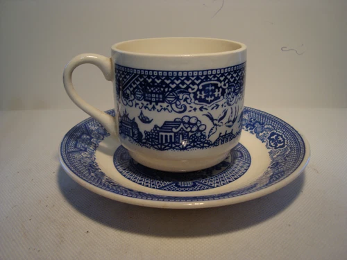 Vintage Blue Willow Transferware Coffee cup and Saucer, Made in USA.