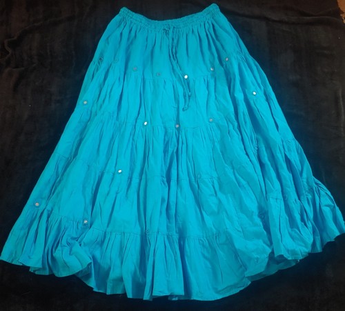 India Arts One Size Mirrored Bright Blue Cotton Large Broom Skirt - Picture 1 of 4