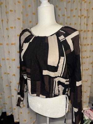 Primark Cares Women's Geometric Black Beige Brown V-Neck Tie Blouse S