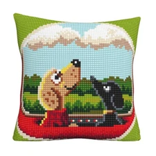 CDA stamped cross stitch kit cushion "Dog Travel", 40x40cm