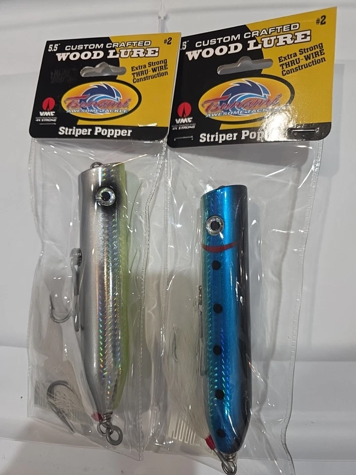 Lote de 2- Señuelo de Madera Personalizado Tsunami 5.5" Madera Striper Popper 2oz Foto 3 de 4