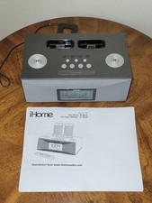iHome iP88 Dual Dock Alarm Clock Radio for iPhone/iPod, Grey, VGUC, Working