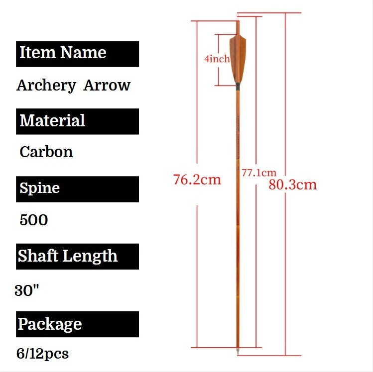 30" Archery Carbon Arrows SP500 Feathers Bamboo Skin Bow Hunting Target Shooting - Image 3 of 4