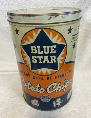 #ad Vintage Blue Star 1lb Potato Chip Tin Blue Star Products Rockford Illinois $29.95