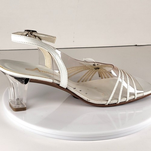 Annie White Slingback Sandals 6M Open Toe Clear Heel Strappy Bow Rhinestones - Picture 16 of 22