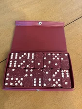 Vtg Bakelite Dominoes Double 6 Set Dark Red Cherry w/  Vinyl Case