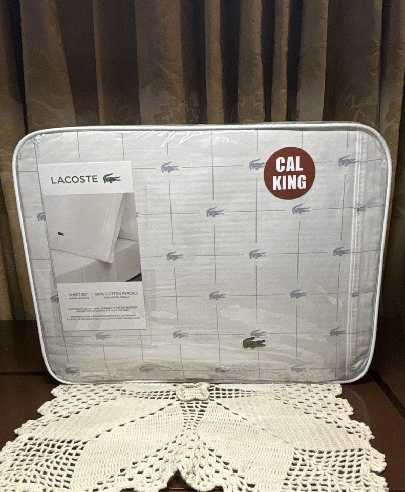 LACOSTE CA King Sheet Set 100% Cotton White Gator Logo Anthracite New - Image 4 of 4