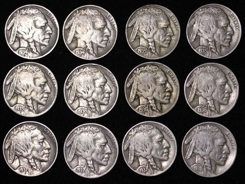 Short Set! ALL 12 Sharp Coins 1934 - 1938 P D S BUFFALO NICKELS 5c FREE SHIPPING