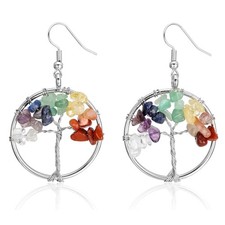 JOVIVI Women Silver Tree Of Life Drop Earrings 7 Chakra Matural Tumbled Gemstone