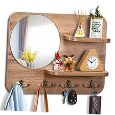Wooden Key Rack with Mirror, Shelf and 4 Key Hooks for Original Wood Color