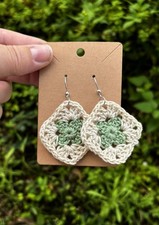 Handcrafted Crochet Square Dangle Earrings Green Beige